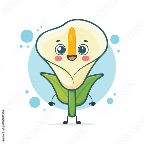 Calla Lily in cute cartoon character style with expressive face and limbs.