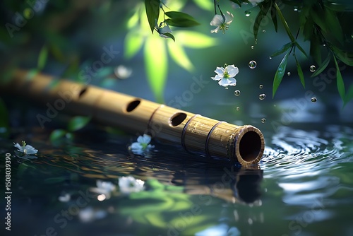 Bamboo flute resting on calm water with blossoms