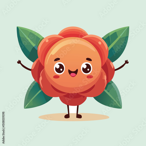 Camellia in cute cartoon character style with expressive face and limbs.