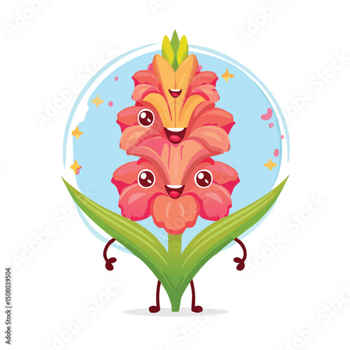 Gladiolus in cute cartoon character style with expressive face and limbs.