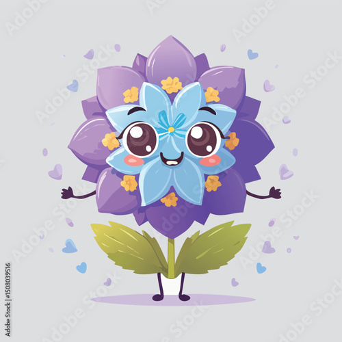 Delphinium in cute cartoon character style with expressive face and limbs.