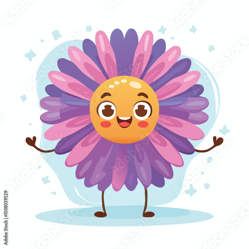Aster in cute cartoon character style with expressive face and limbs.
