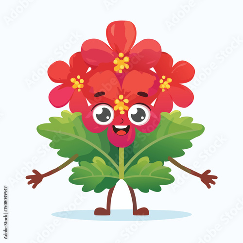 Geranium in cute cartoon character style with expressive face and limbs.