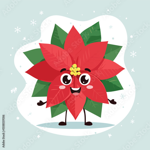 Poinsettia in cute cartoon character style with expressive face and limbs.