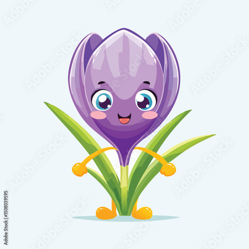 Crocus in cute cartoon character style with expressive face and limbs.