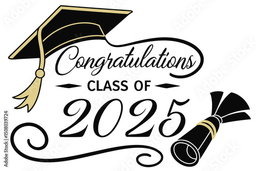 Congratulation Class of 2025 Graduation Congrats Sign with Cap and Diploma Handwritten Brush Lettering Banner

