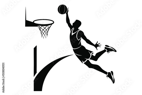 Silhouette man jumps for a slam dunk with outstretched arm near the hoop