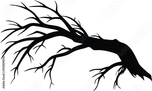 Silhouette of a gnarled, leafless tree bending low against the white background