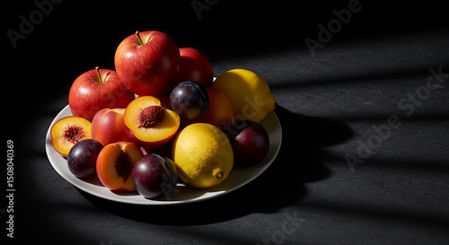 Vibrant Summer Fruits Apples Peaches Plums Lemons on a Plate