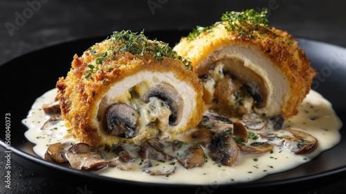 Two breaded chicken rolls filled with mushrooms on a black plate.