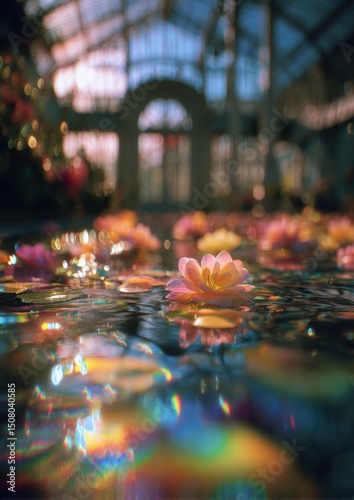 Victorian greenhouse stained glass reflections on rose petals with raindrop textures, luminous chromatic effects for luxury perfume branding and editorial backdrops