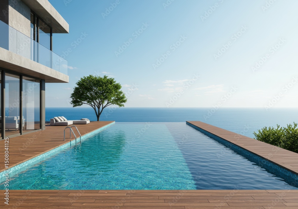 Fototapeta premium Luxury villa with infinity pool overlooking the ocean on a sunny day