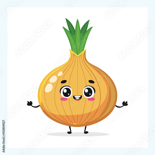 Onion in cute cartoon character style with expressive face and limbs.