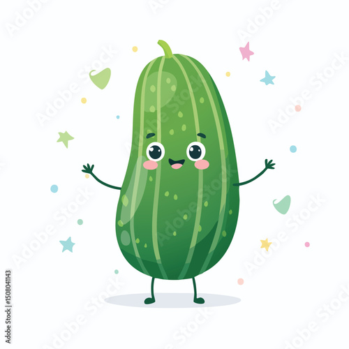 Cucumber in cute cartoon character style with expressive face and limbs.