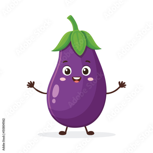 Eggplant in cute cartoon character style with expressive face and limbs.
