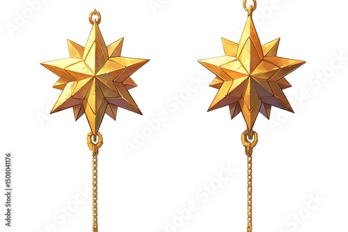 Golden star charms hanging on chains ornate detail