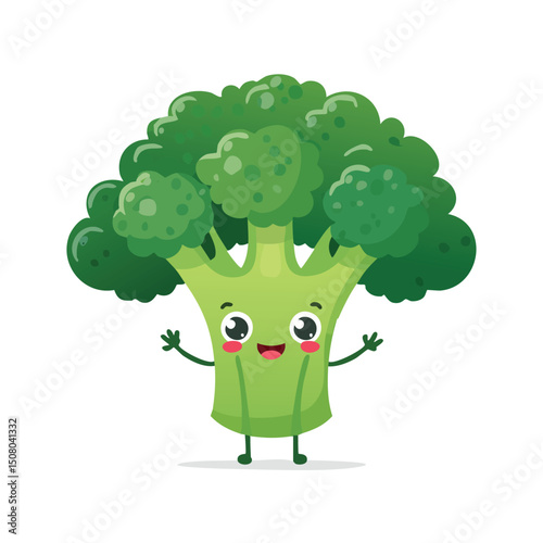 Broccoli in cute cartoon character style with expressive face and limbs.