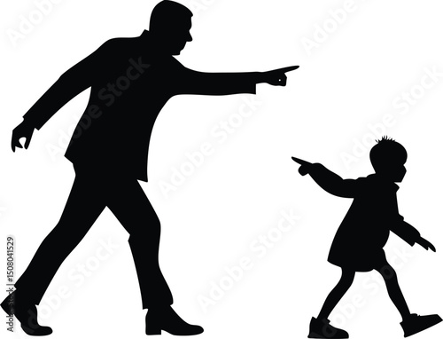Silhouette of dad wearing a suit and child pointing in the same direction