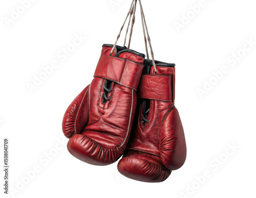 Hanging Red Boxing Gloves on Transparent Background for Sports and Fitness Training Equipment