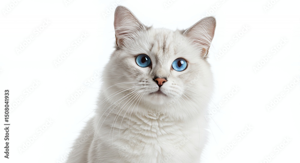 Obraz premium Charming White Cat Portrait with Striking Blue Eyes Isolated on White Background Detailed Fur Texture And Expressive Gaze Creates a Heartwarming Image Perfect for Prints and Decoration