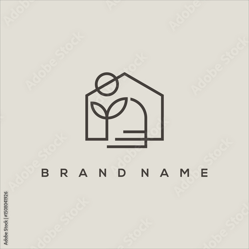 line art icon minimalist house with plants and sun logo vector