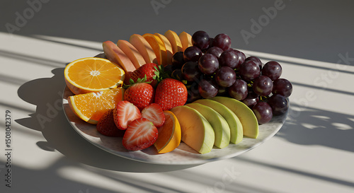 Fresh Fruit Platter Oranges Strawberries Grapes Melon Slices on Plate