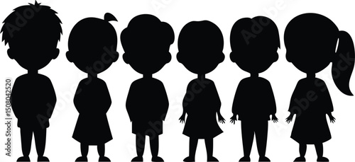 Silhouette of six diverse children stand together side by side, creating a united and inclusive group