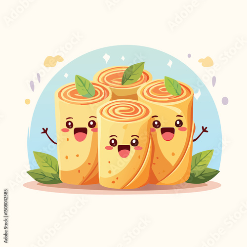 Spring Rolls in cute cartoon character style with expressive face and limbs.