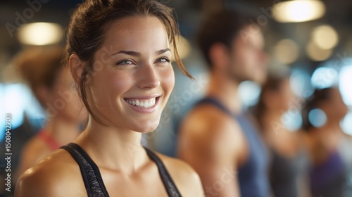 Smiling woman in workout clothing with blurred people in a gym setting.