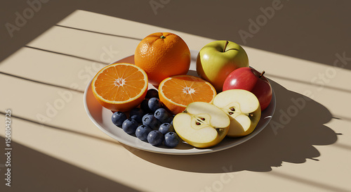 Fresh Juicy Oranges Apples and Blueberries on a Plate in Sunlight