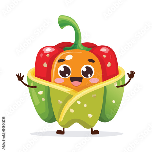 Stuffed Peppers in cute cartoon character style with expressive face and limbs.
