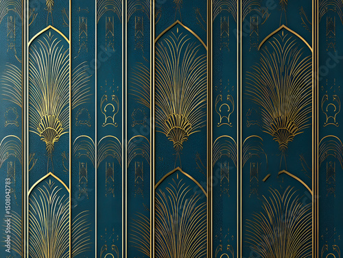 Elegant art deco style ornamental background design featuring golden fan shapes and geometric patterns with a luxurious teal texture