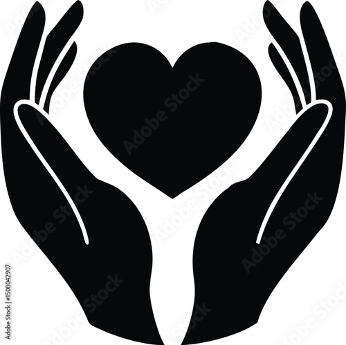 Silhouette of two hands gently protecting a solid black heart shape at center