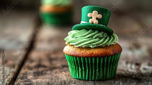 Close-up of a festive cupcake with green frosting and a leprechaun hat.