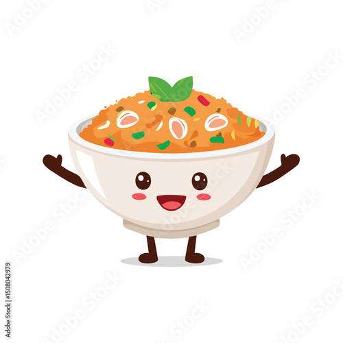Kimchi Fried Rice in cute cartoon character style with expressive face and limbs.