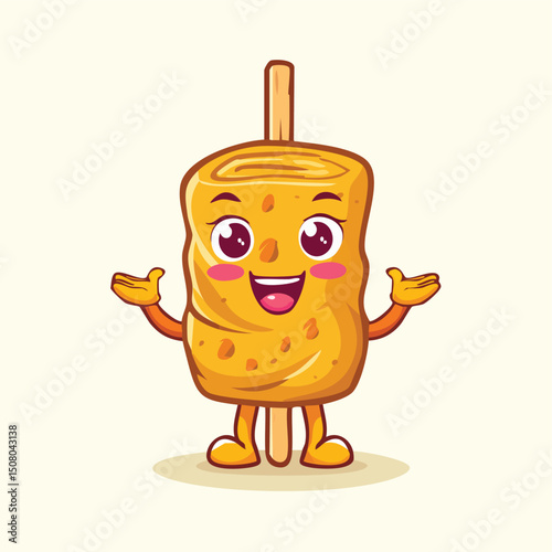 Chicken Satay in cute cartoon character style with expressive face and limbs.