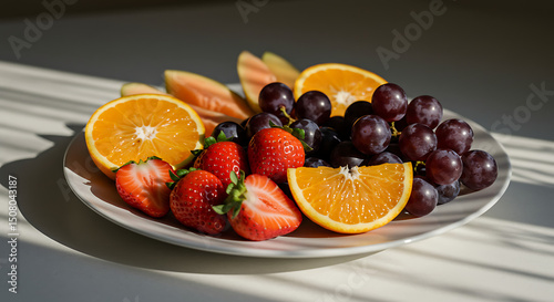 Fresh Summer Fruit Platter Oranges Strawberries Grapes Cantaloupe Slices