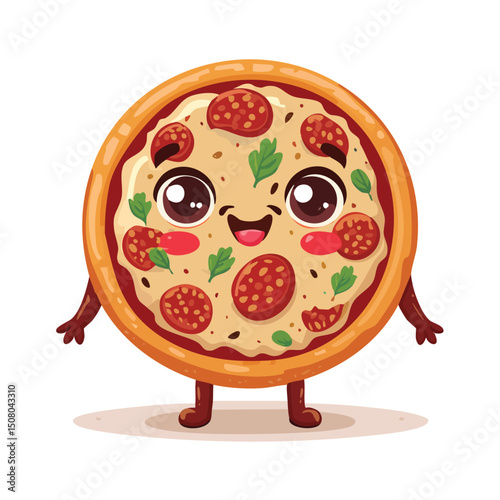 BBQ Chicken Pizza in cute cartoon character style with expressive face and limbs.