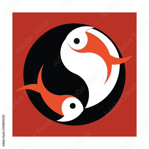 Yin yang symbol with two fish in red and white vector graphic on a square backdrop