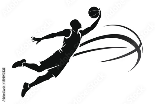Silhouette shows an African American athlete powerfully leaping and holding basketball high above the hoop