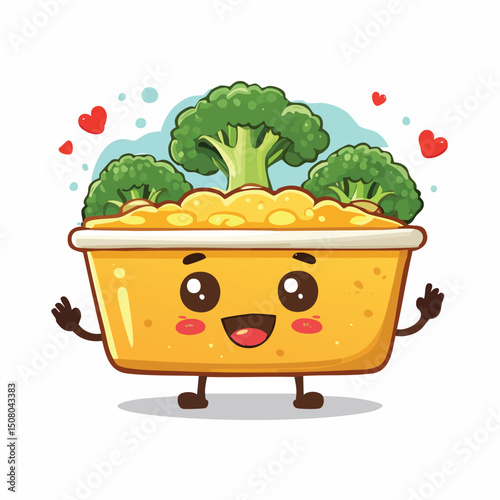 Broccoli and Cheese Casserole in cute cartoon character style with expressive face and limbs.