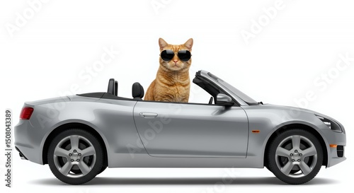 Orange Cat in Sunglasses Inside Silver Car Isolated on White Background Detailed View of Feline Animal with Eye Protection and Silver Automobile Vehicle Sunny Day Trip