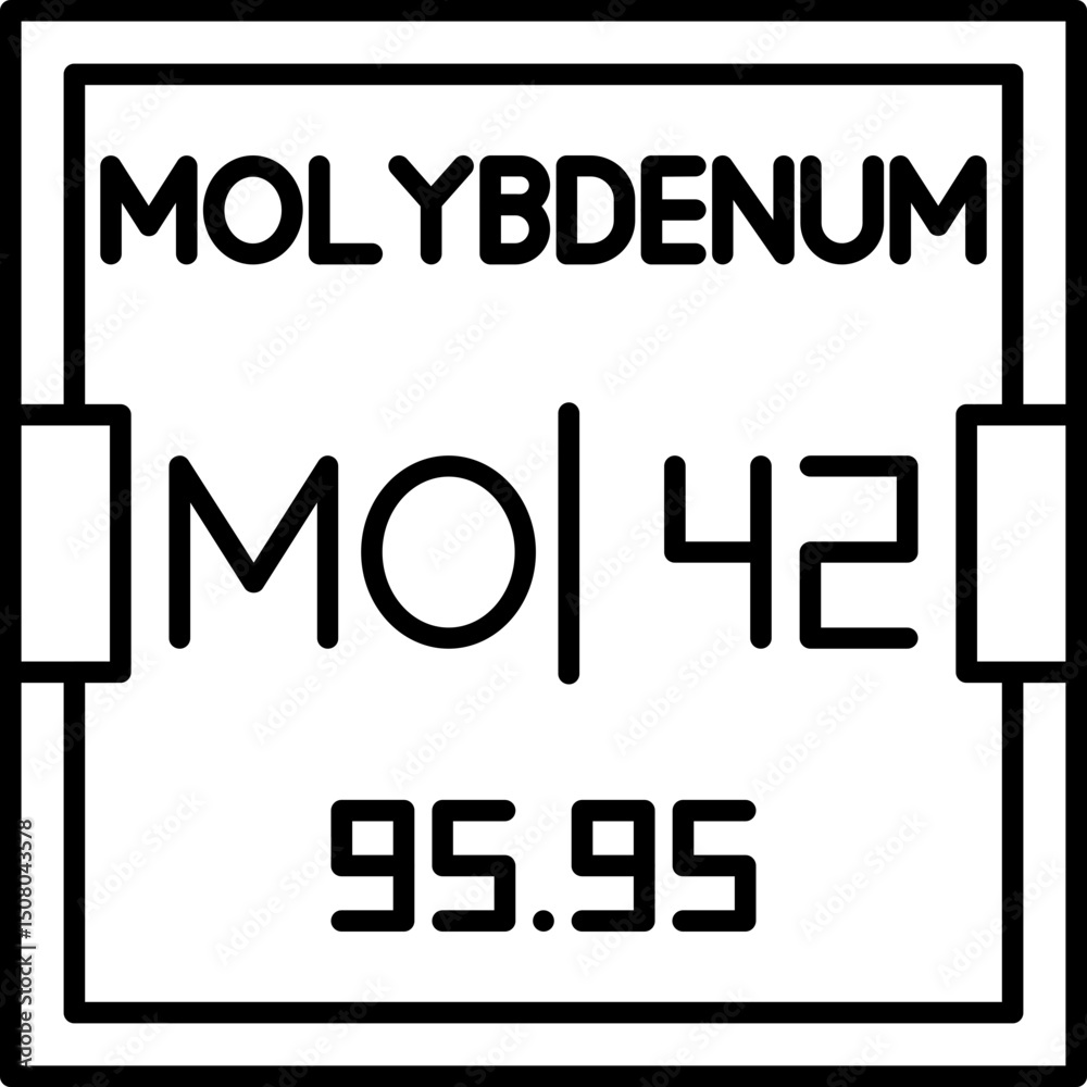 Obraz premium Periodic table vector icon for Molybdenum with symbol Mo and atomic number 42, designed for chemistry education, science infographics, and digital reference guides.