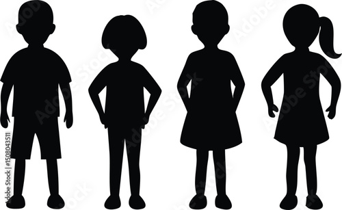 Silhouette shows diverse children standing together in a group against a white background