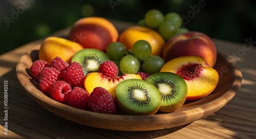 Fresh Summer Fruit Platter Raspberries Kiwis Peaches and Grapes in Wooden Bowl