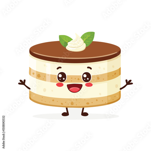 Tiramisu in cute cartoon character style with expressive face and limbs.