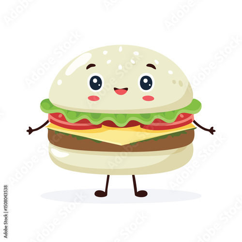 Veggie Burger in cute cartoon character style with expressive face and limbs.