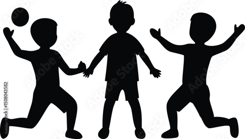 Silhouette shows energetic children playing; one holds a ball while others enthusiastically celebrate