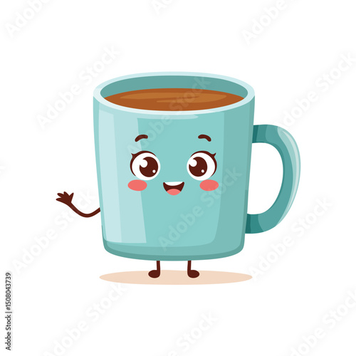 mug in cute cartoon character style with expressive face and limbs.