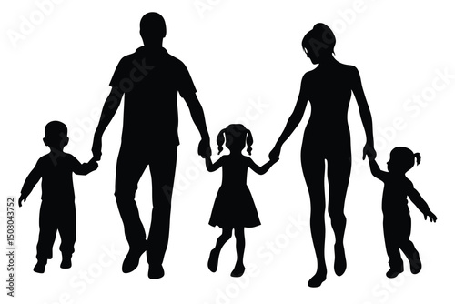 Silhouette shows happy family walking hand in hand with their young children together